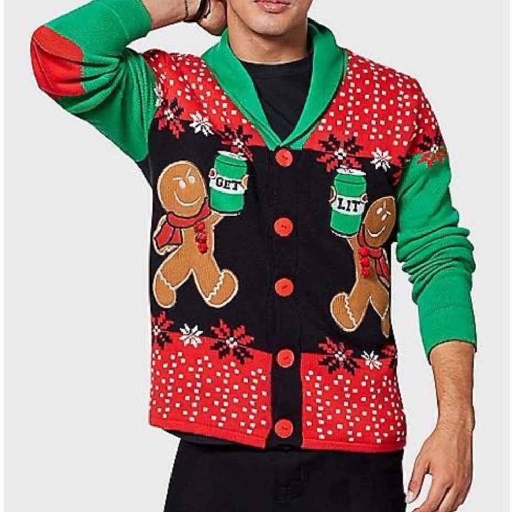 Spencer's Red Black Green Gingerbread Holiday Cardigan Sweater